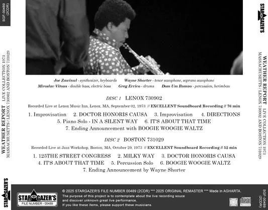 WEATHER REPORT / LIVE COLLECTION 1973 MASSACHUSETTS LENOX 730902 AND BOSTON 731029 (2CDR)