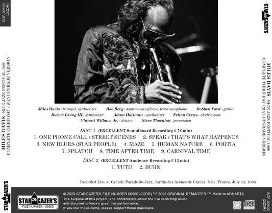 MILES DAVIS / NICE JAZZ FESTIVAL 1986 COMPLETE THIRD DAY 2025 UPGRADE VERSION (2CDR)