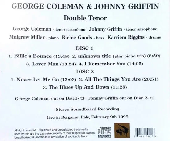 George Coleman & Johnny Griffin / Double Tenor STEREO SOUNDBOARD (2CDR)