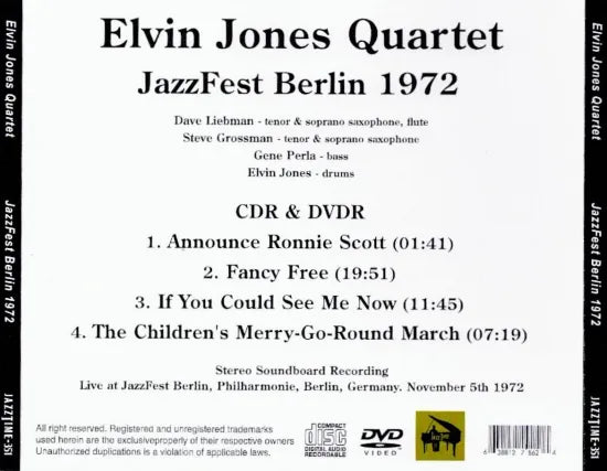 Elvin Jones Quartet / Jazz Fest Berlin 1972 STEREO SOUNDBOARD (1CDR + 1DVDR)