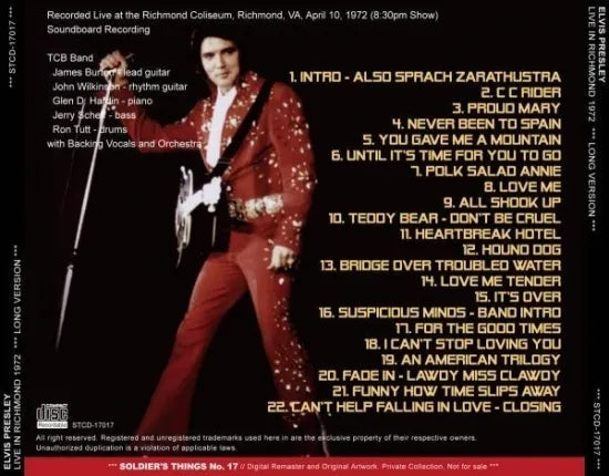 ELVIS PRESLEY / LIVE IN RICHMOND 1972 LONG VERSION STEREO SOUNDBOARD (1CDR)