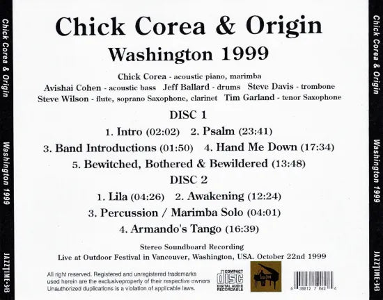 Chick Corea & Origin / Washington 1999 STEREO SOUNDBOARD (2CDR)