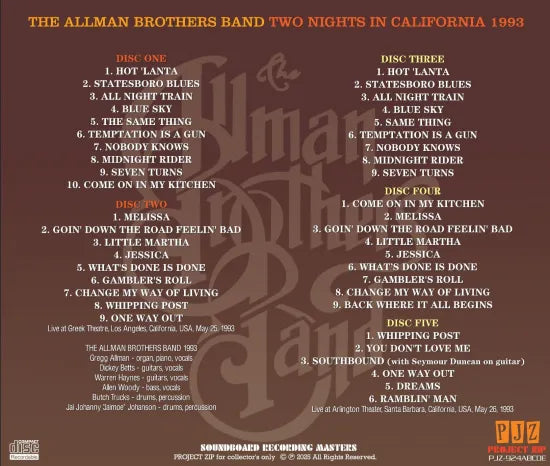 THE ALLMAN BROTHERS BAND / TWO NIGHTS IN CALIFORNIA 1993 (5CDR)