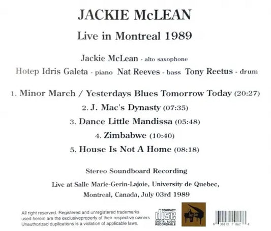 Jackie McLean / Live in Montreal 1989 STEREO SOUNDBOARD (1CDR)