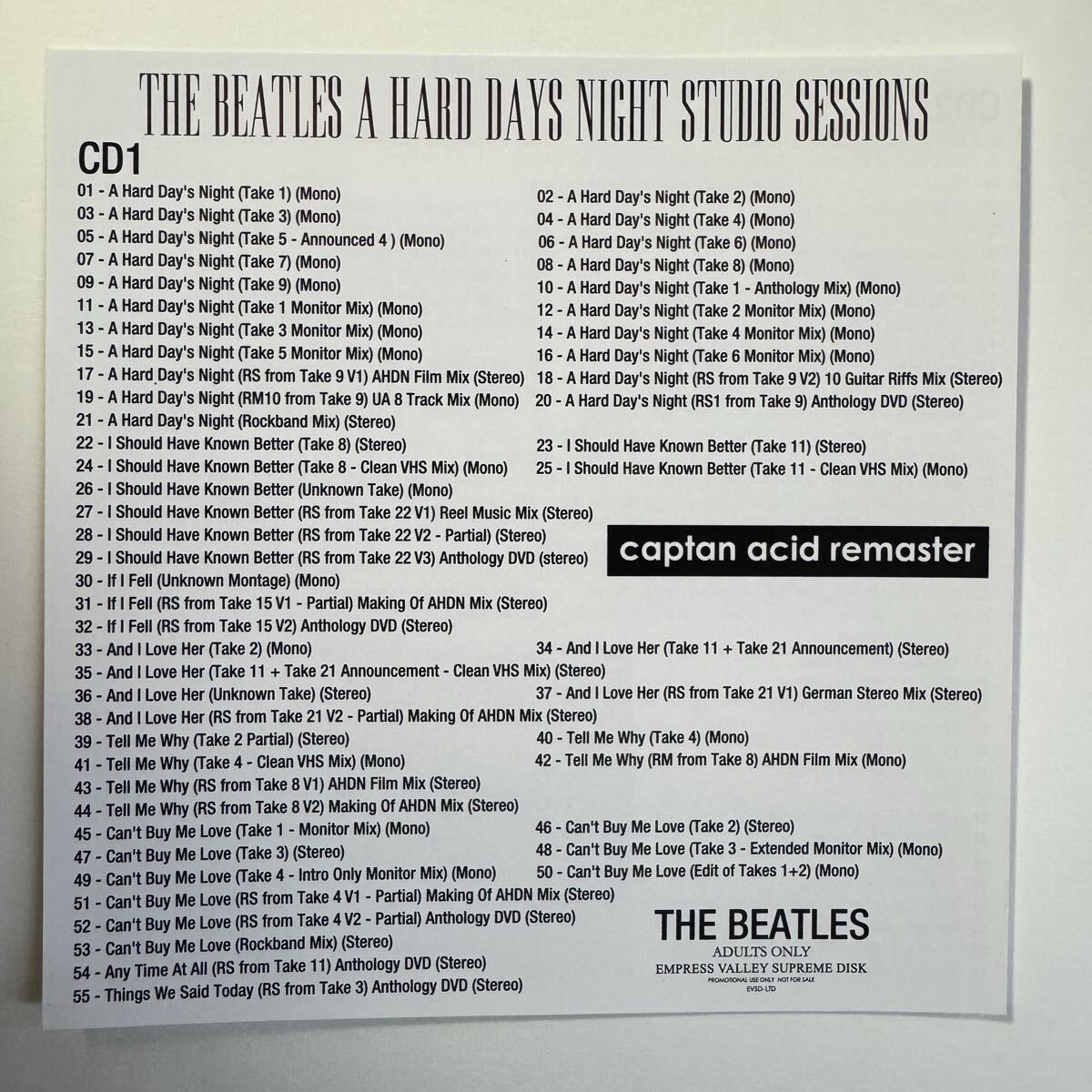 THE BEATLES / A HARD DAY’S NIGHT studio sessions captain acid remaster (4CD)